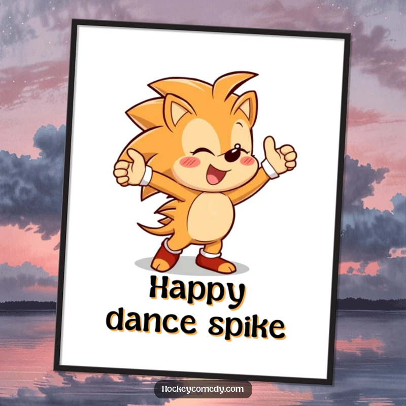 Funny digital art print of a cheerful hedgehog character doing an exuberant victory dance, perfect for instant celebratory decor.