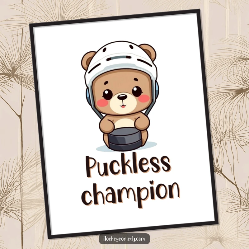 Funny bear in a hockey helmet comically misses a puck on a humorous sports-themed digital art print.