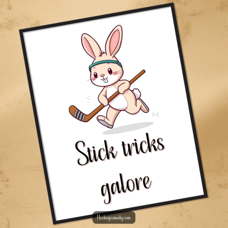 Funny rabbit hockey digital art print, showing a playful rabbit hopping with a stick, perfect for humorous decor.