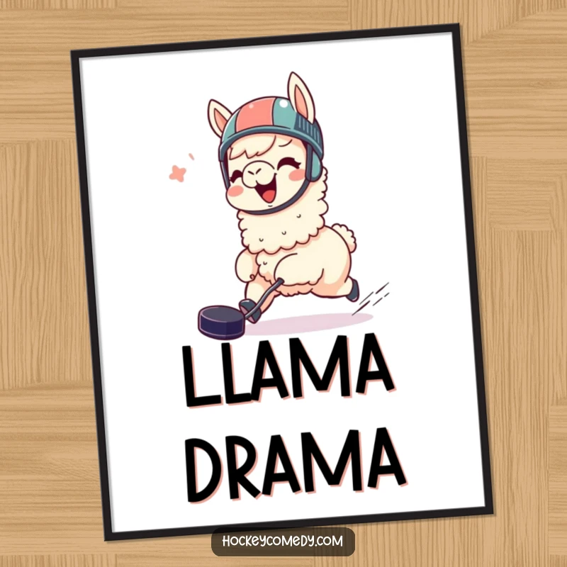 Funny llama digital art print, giggling, wearing a helmet, joyfully chasing a hockey puck, perfect for whimsical wall decor.