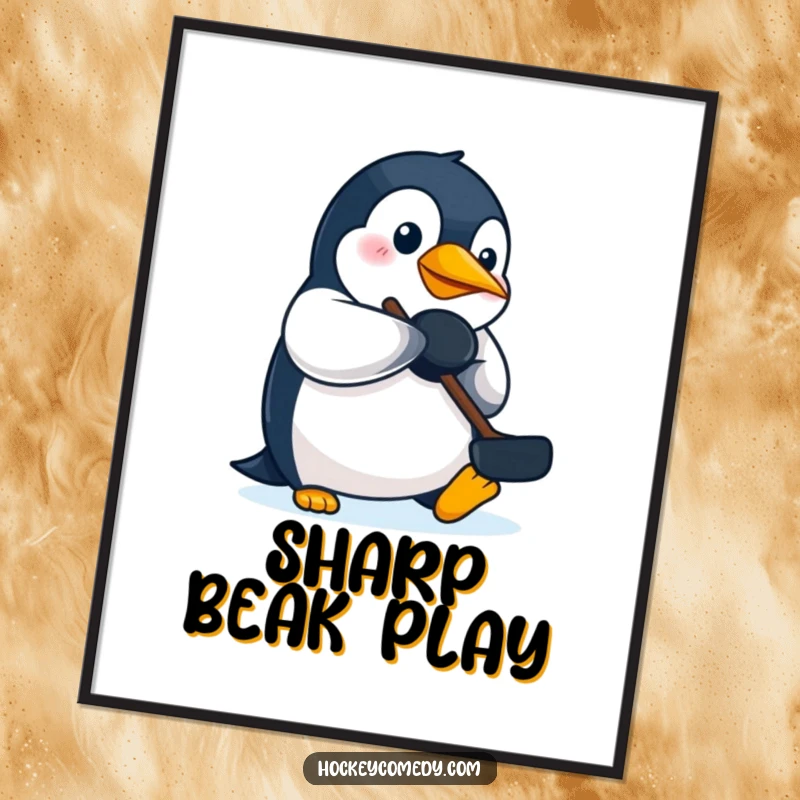 Funny penguin hockey digital art print, showing a determined penguin playing with a puck, perfect for humorous decor.