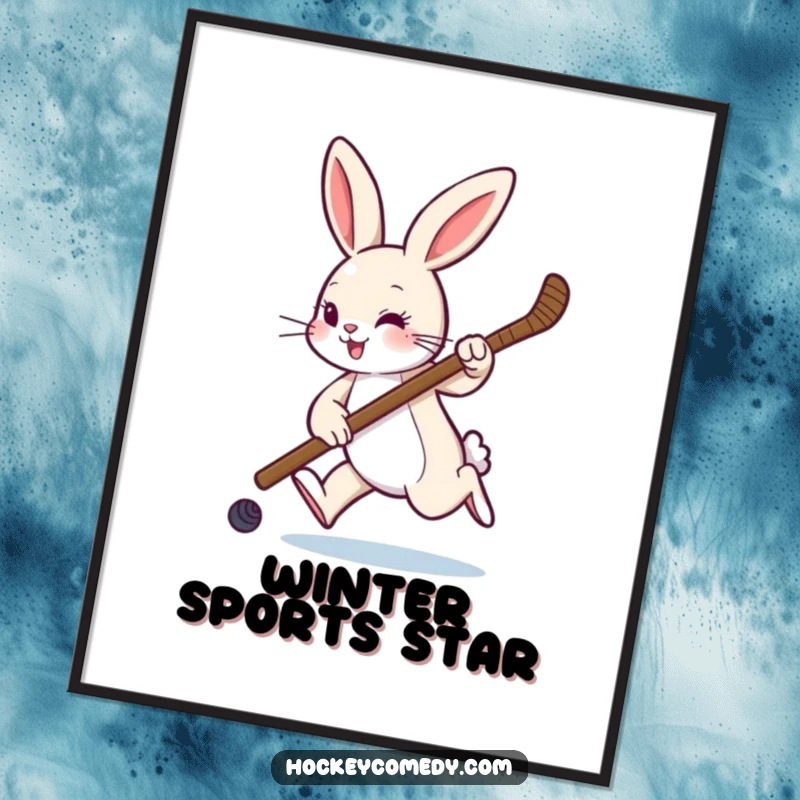Funny digital art print of a rabbit hopping with a hockey stick, creating a playful and humorous sports-themed piece.
