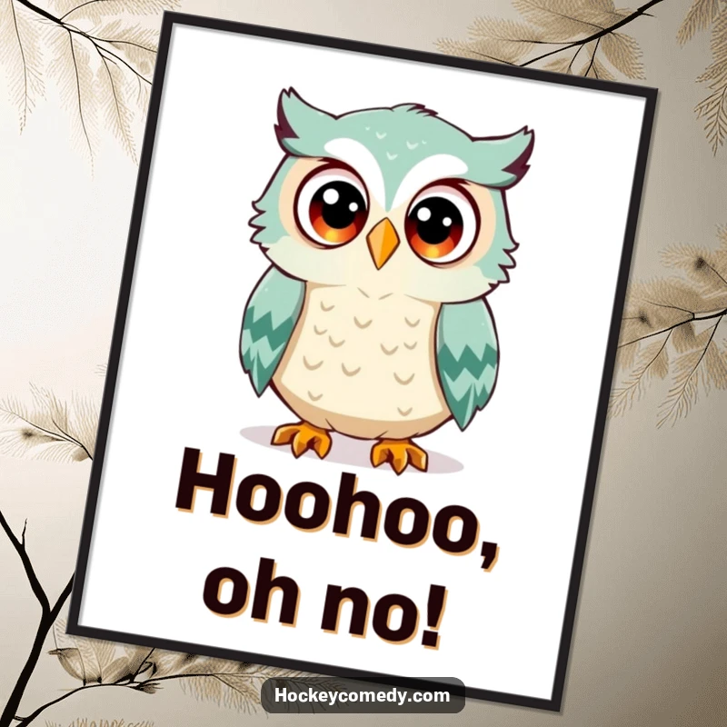 Funny owl digital art, a surprised owl with wide eyes, about to be hit by a hockey puck, humorous illustration, instant download gift.