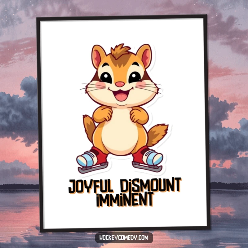 Funny chipmunk digital art, a cheerful chipmunk wearing oversized skates, wobbling gleefully, humorous illustration for instant download, wall art gift.