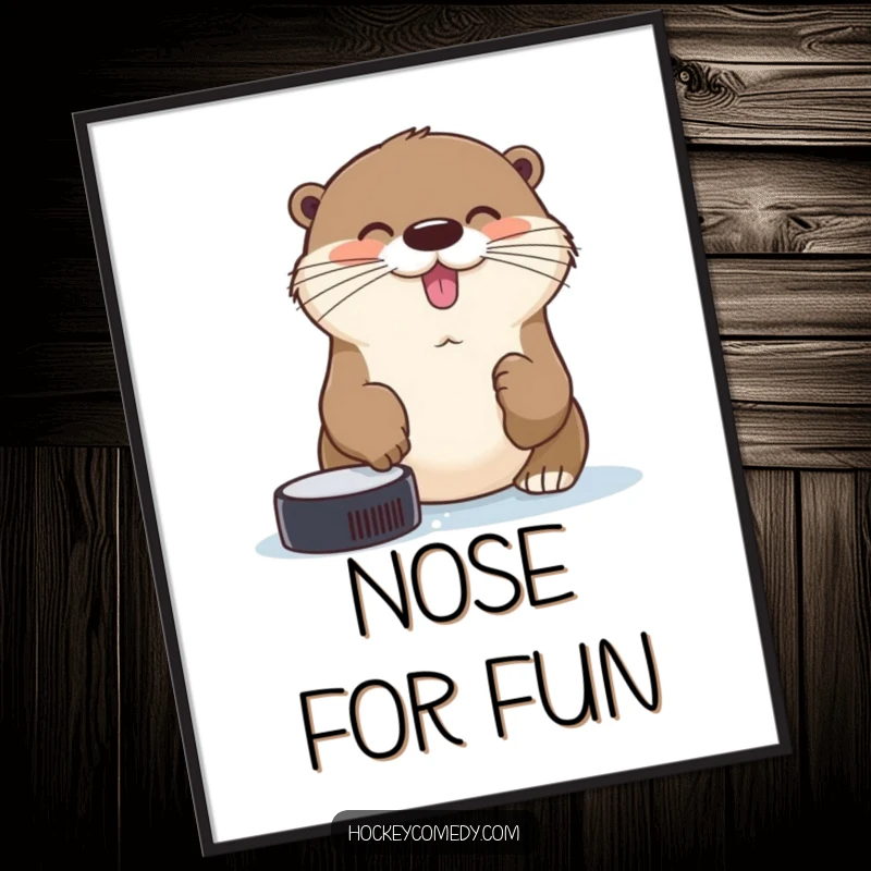 Funny cheerful otter trying to catch a hockey puck with its nose on a humorous aquatic-themed digital art print.