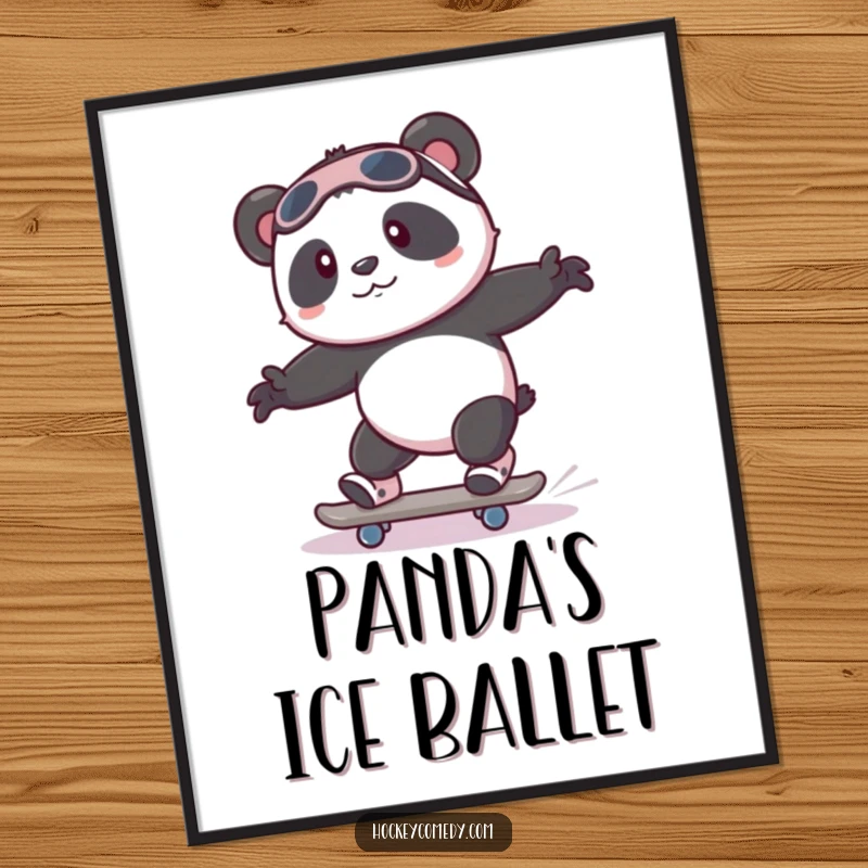 Funny playful panda attempting to skate with wobbly legs on a humorous beginner-themed digital art print.