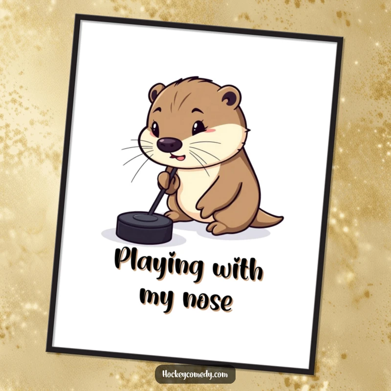 Funny Digital Art Print of a silly otter humorously dribbling a hockey puck with its nose, capturing a moment of pure, playful amusement.