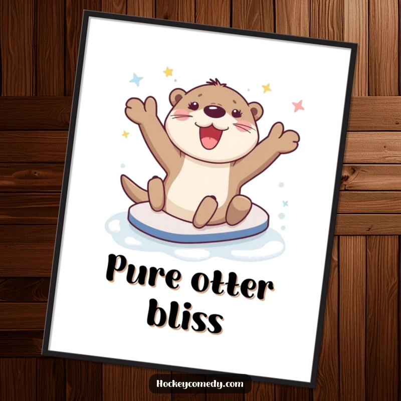Funny happy otter character joyfully sliding on ice, downloadable art print.
