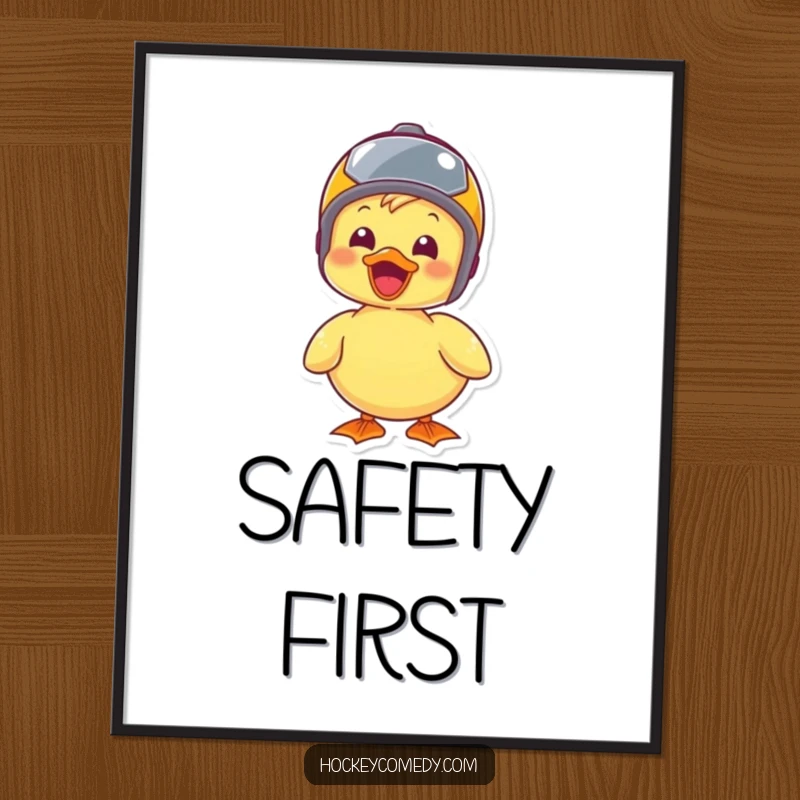 Funny duck wearing a small helmet, exuding joy and readiness for adventure, a downloadable digital print.