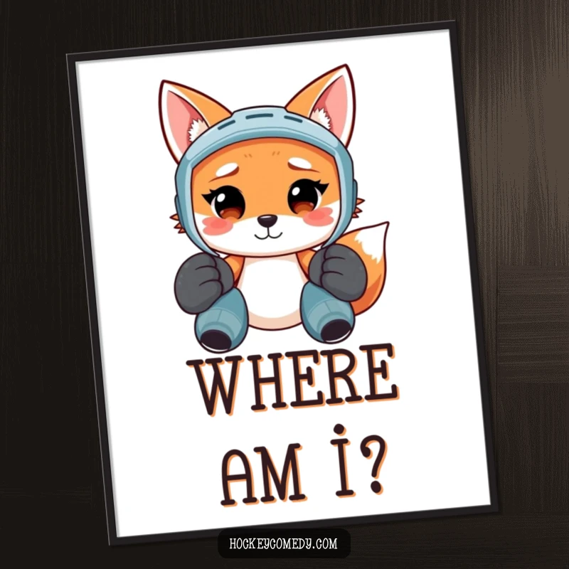 Funny digital art print of a smiling fox in oversized hockey pads, looking confused, ideal for home or office decor.