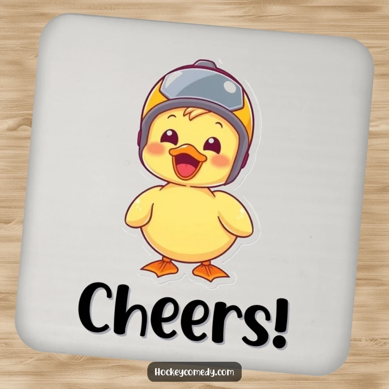 Funny duck sporting a tiny helmet, ready for adventure, elegantly placed on a protective drink coaster.
