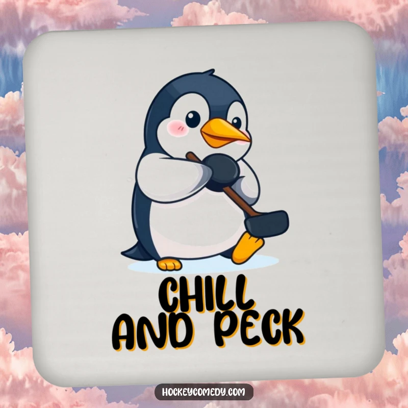Funny penguin hockey coaster, depicting a determined penguin batting a puck, adding humorous protection.