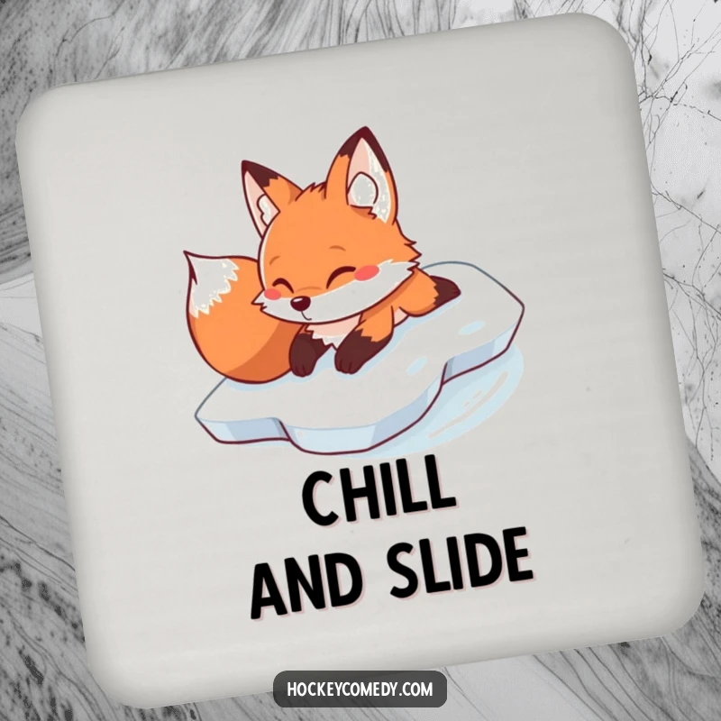 Funny determined fox sliding on its belly across ice on humorous winter-themed drink coasters.