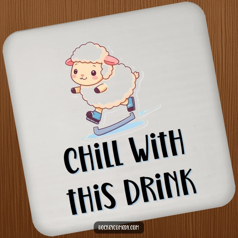 Funny drink coasters displaying a fluffy sheep elegantly ice skating, adding a charming and humorous winter touch to any setting.