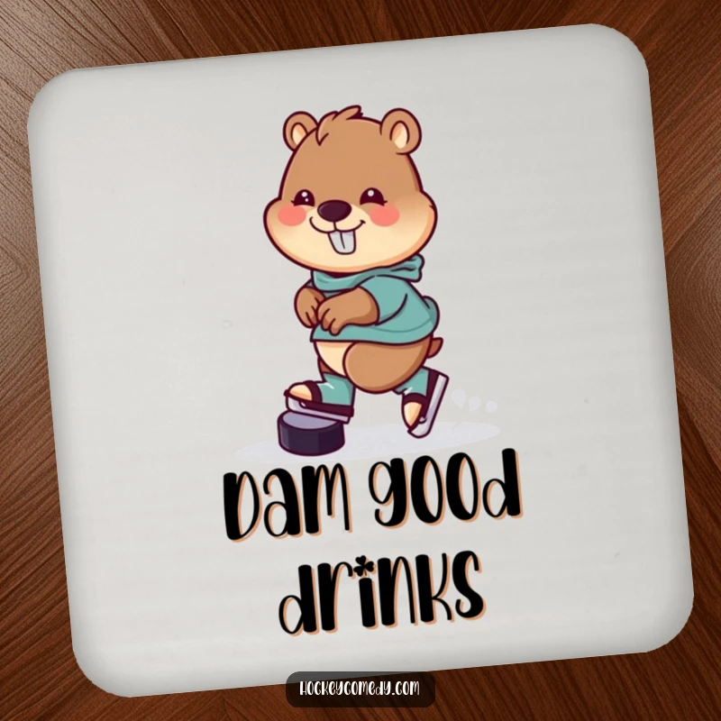 Funny Drink Coaster showing a cheerful beaver skating backwards with a hockey puck, providing surface protection with a humorous visual.