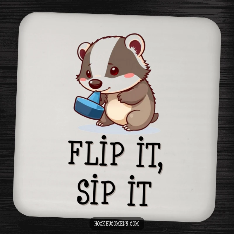 Funny badger drink coaster, a playful badger attempting a puck flip with its nose, protecting surfaces with humor, decorative and functional.