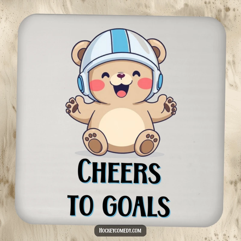 Funny Bear Goal Drink Coaster showcasing a happy bear celebrating a goal, ideal for adding sports and humorous flair.