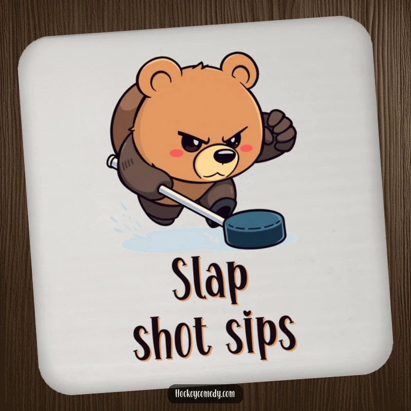Funny Bear Coaster: An aggressive bear with a determined glare, chasing a hockey puck, adding sports humor and protecting furniture. Perfect funny gift.