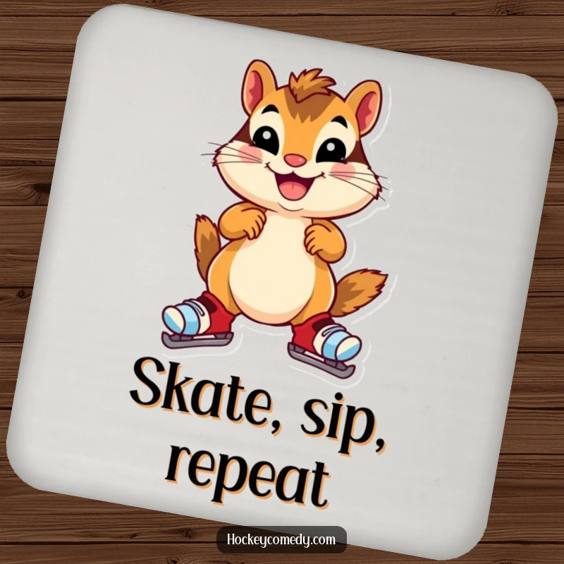 Funny chipmunk drink coaster, a cheerful chipmunk in oversized skates, wobbling gleefully, protecting surfaces with humor, decorative and functional.