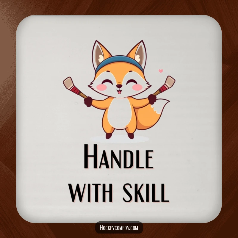 Funny drink coaster featuring a mischievous fox juggling hockey sticks, bringing a clever and playful theme to any surface.