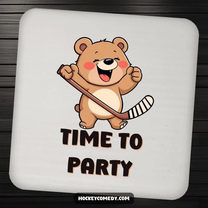 Funny coaster featuring a happy, roaring bear furiously waving a hockey stick, perfect for protecting surfaces with humor.