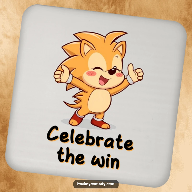 Funny drink coaster featuring a cheerful hedgehog character doing a lively victory dance, adding fun to tabletops.