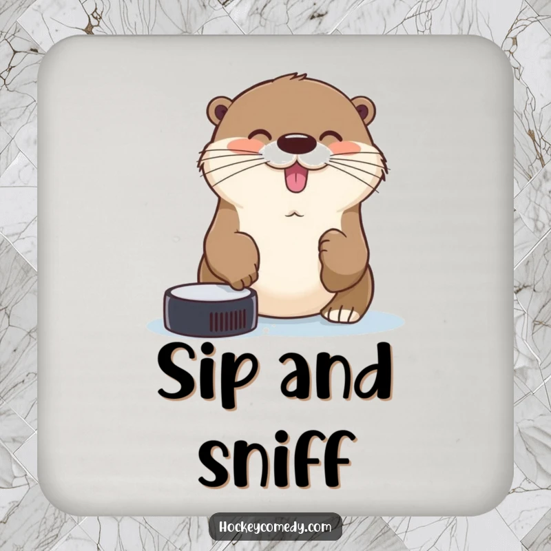 Funny cheerful otter trying to catch a hockey puck with its nose on humorous aquatic-themed drink coasters.