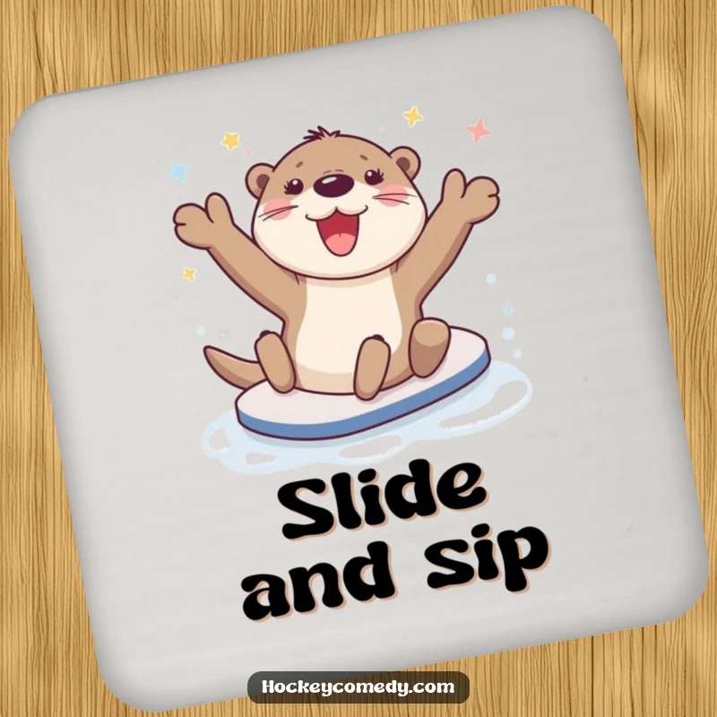 Funny happy otter character sliding on ice, protective drink coaster.