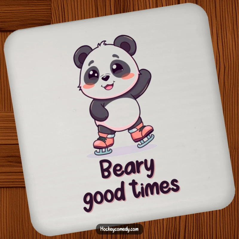 Funny drink coaster featuring a smiling panda humorously wobbling on oversized skates, adding a playful touch to any table setting.
