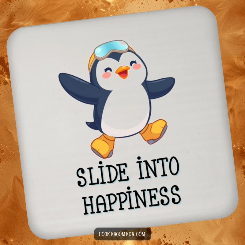 Funny drink coaster featuring a penguin mid-air jump on skates, bringing a playful winter theme to any surface.
