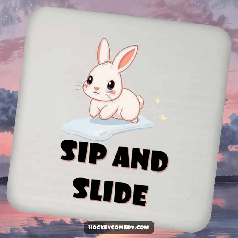 Funny drink coaster depicting a cute rabbit character ice skating with a sparkly trail, adding flair to any table.