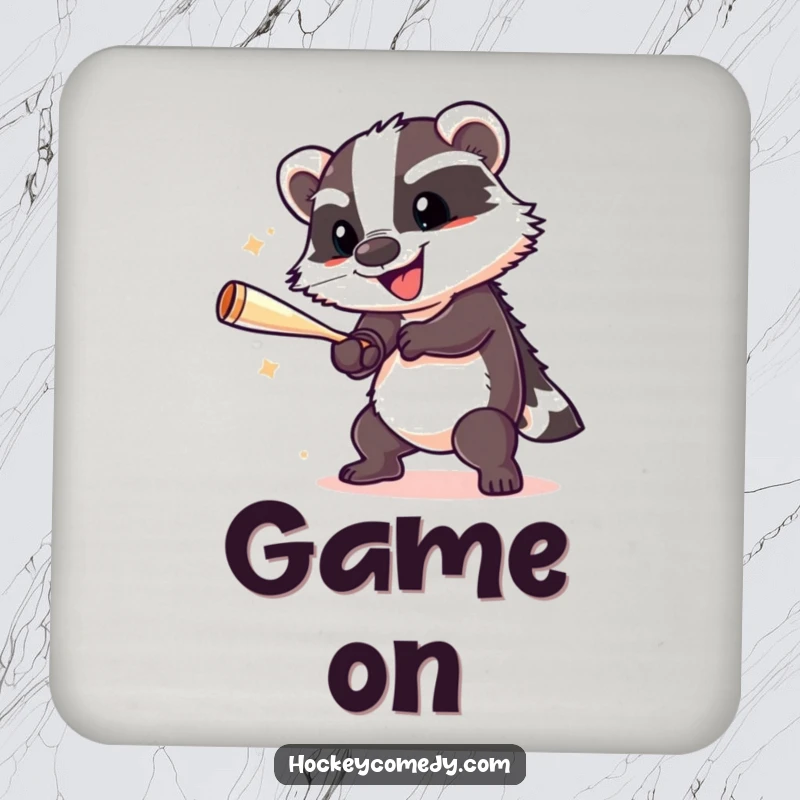 Funny badger in mid-slap shot, ready to score, elegantly placed on a protective drink coaster.
