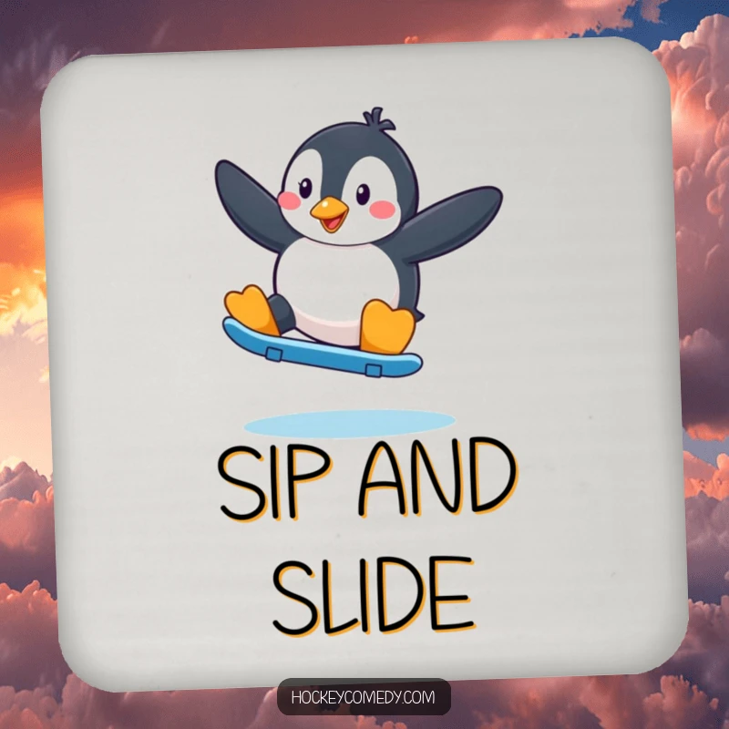 Funny Penguin Drink Coasters: A penguin performing a skate move, perfect for tabletop decor and drink protection.