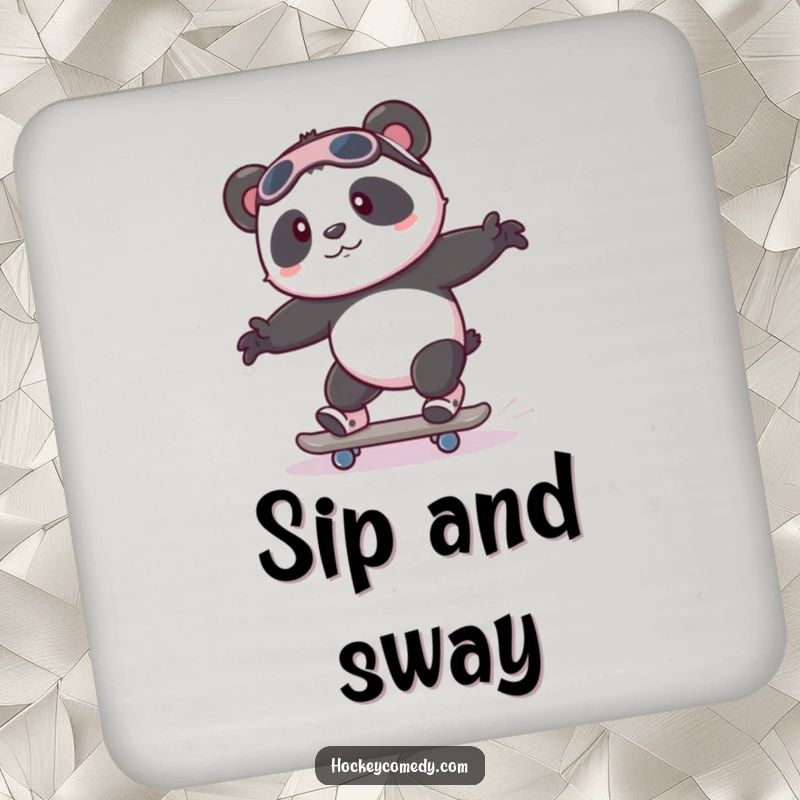 Funny playful panda attempting to skate with wobbly legs on humorous beginner-themed drink coasters.