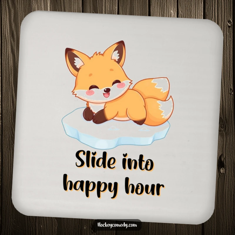 Funny fox ice slide coaster, depicting a happy fox gliding, adding whimsical protection to tabletops.