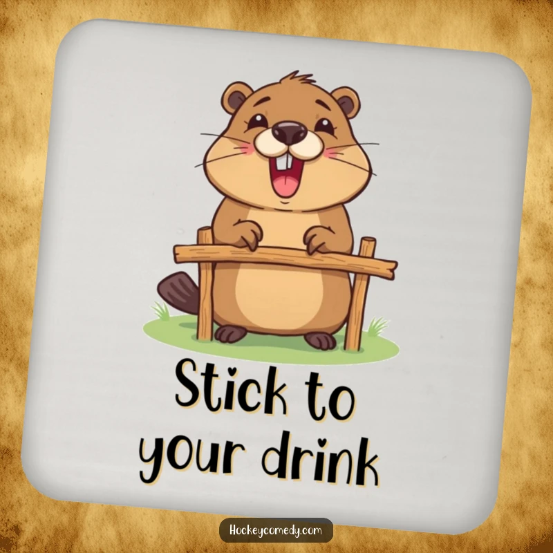 Funny drink coasters displaying an excited beaver building a goalpost, adding a humorous and industrious touch to any setting.