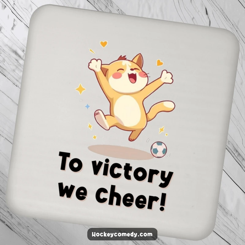 Funny drink coaster featuring an energetic animal leaping joyfully in celebration of a goal, a cheerful addition to any table.