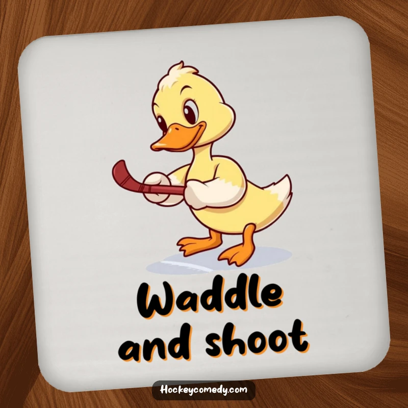 Funny drink coaster: A determined duck tries a slap shot, looking comically unbalanced on the ice, a humorous table accessory.