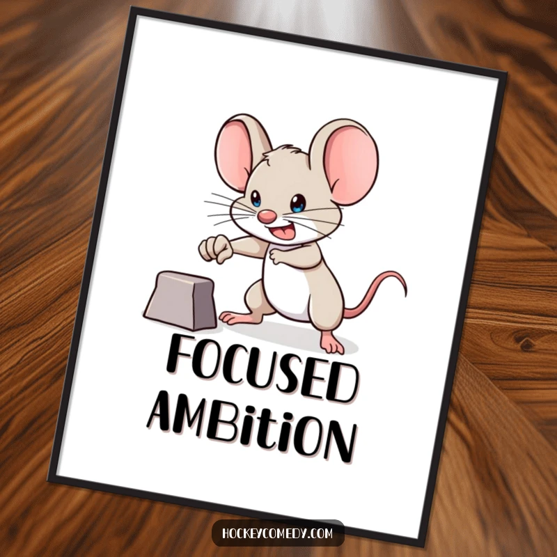 Funny brave mouse poster, determined expression, aiming for a goal, symbolizing ambition and humor for inspiring wall art.