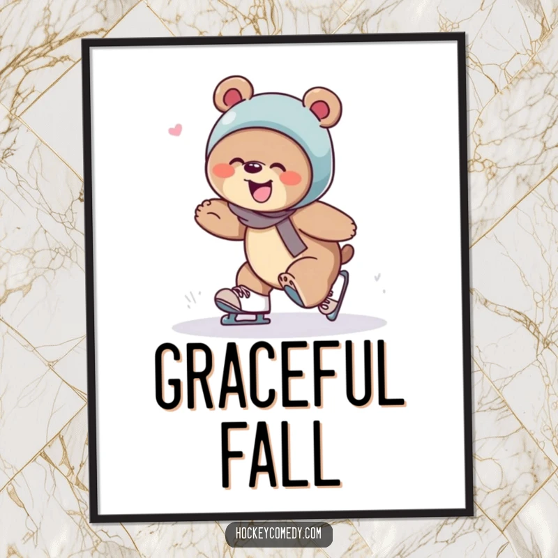 Funny bear caught mid-fall, giggling as it trips over its skates, on a humorous wall art poster.