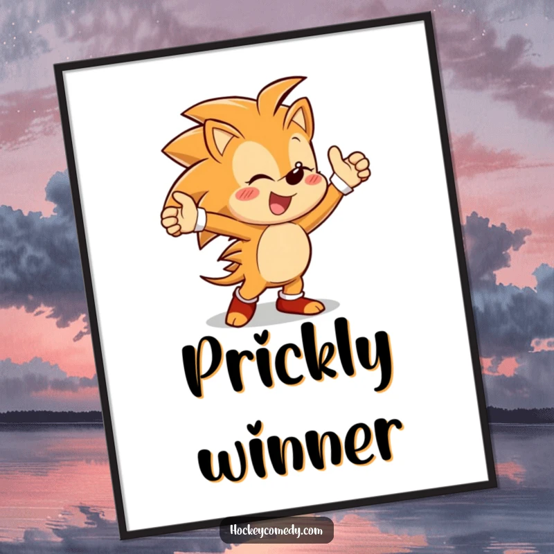 Funny poster of a cheerful hedgehog character doing an enthusiastic victory dance, celebrating a successful score with vibrant energy.