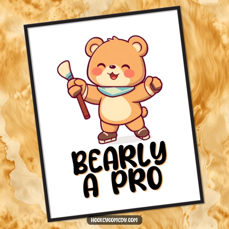 Funny poster of a joyful bear character striking a classic hockey pose with a stick, bringing sporty energy and fun to any wall.