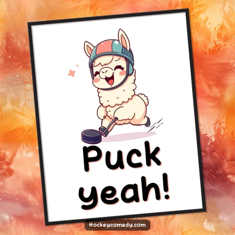 Funny llama poster, giggling, wearing a helmet, joyfully chasing a hockey puck, adds whimsical decor and is a great humorous gift.