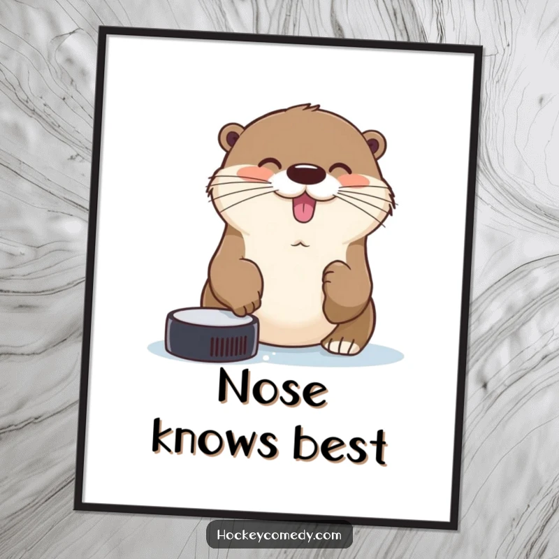 Funny cheerful otter trying to catch a hockey puck with its nose on a humorous sports-themed poster.