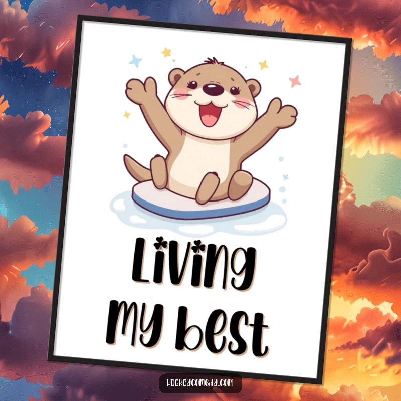 Funny happy otter character doing a celebratory slide on ice, printable poster.