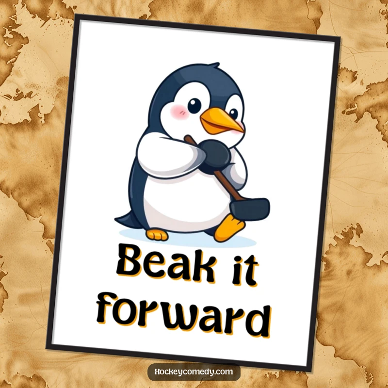 Funny penguin hockey poster, depicting a penguin intensely focused on hitting a puck with its beak, humorous sports art.