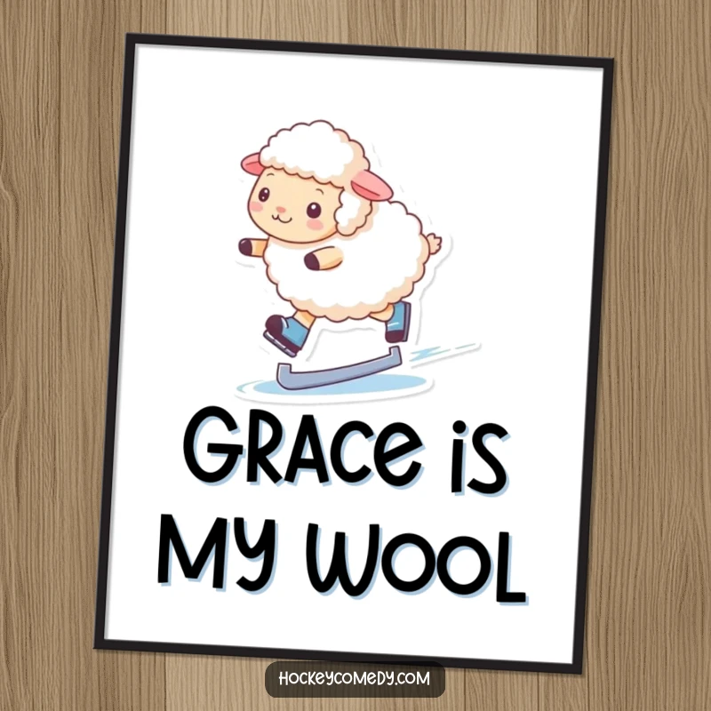 Funny poster featuring a fluffy sheep performing a graceful figure skating move on ice skates with a sweet expression.