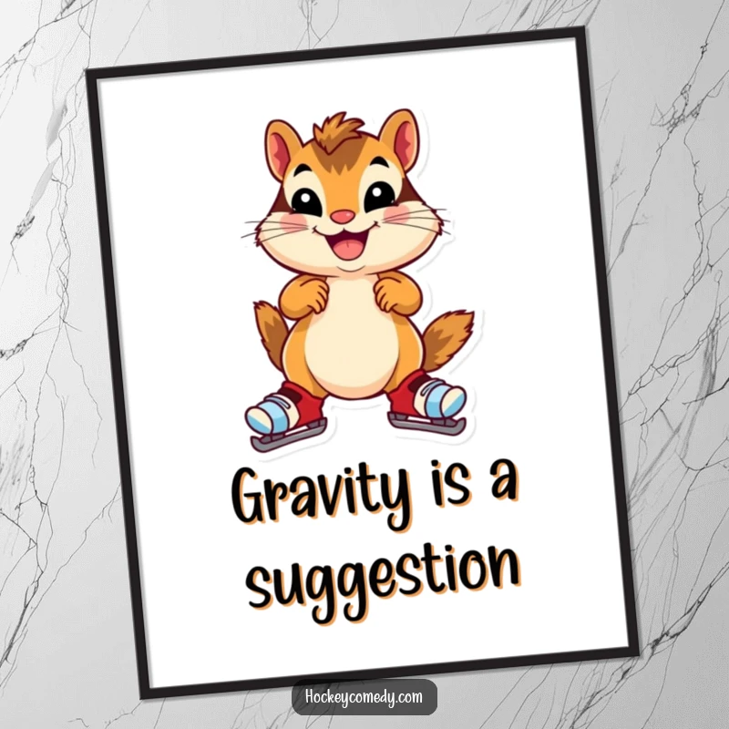 Funny chipmunk poster, a cheerful chipmunk wearing oversized skates, wobbling gleefully, adding humorous charm to wall art, perfect gift.