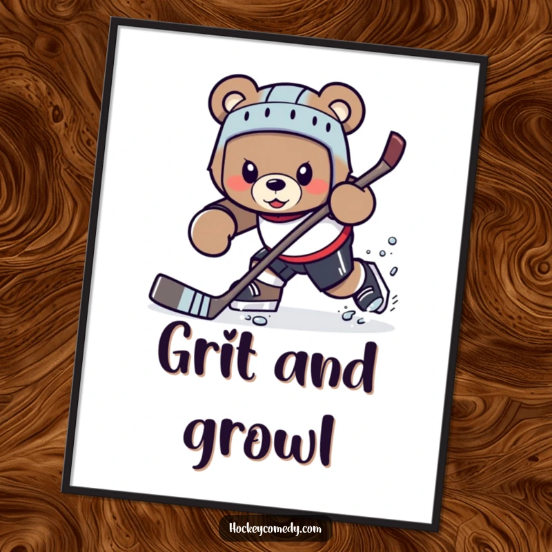 Funny determined bear character performing a tricky hockey maneuver, motivational poster.