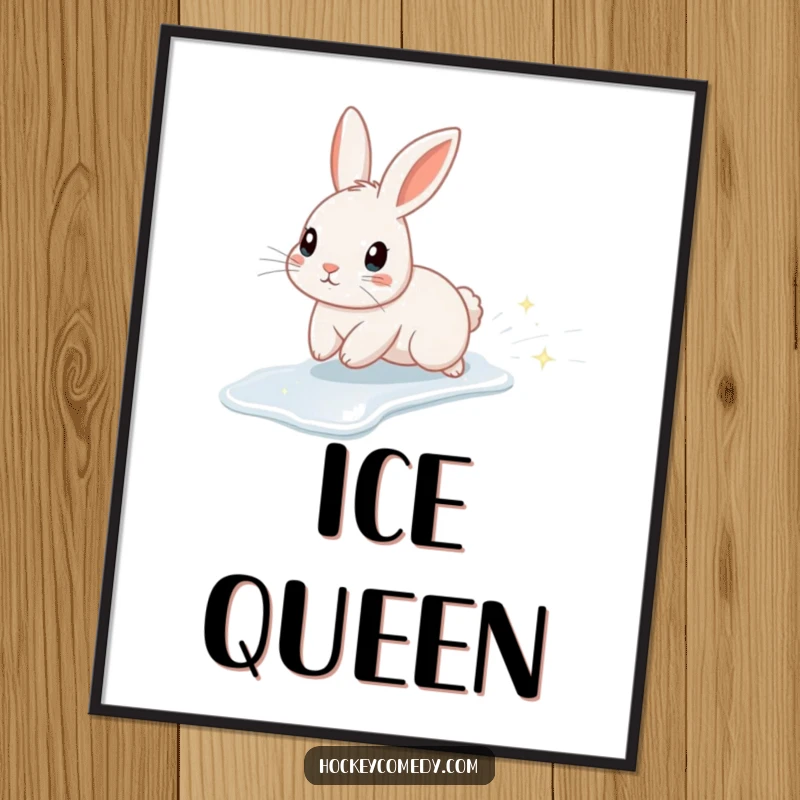 Funny poster of a cute rabbit character ice skating with a dazzling trail of sparkles, creating a magical winter scene.